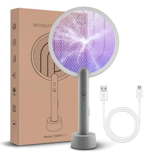 Electric Fly Swatter Racket, Mosiller 2 in 1 Smart Bug Zapper with USB Rechargeable Base, Powerful Mosquitoes Trap Lamp & Fly Killer with 3-Layer Safety Mesh for Home, Bedroom, Kitchen, Patio（1 Pack） image