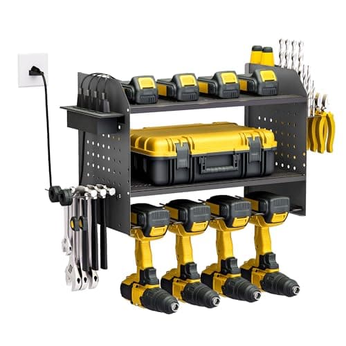 Power Tool Organizer with Charging Station for Tool Storage, Heavy Duty Drill Holder Wall Mount With 2 Side Pegboards, 4 Slots, Adjustable Utility Cordless Drill Rack for Garage, Workshop, Black image