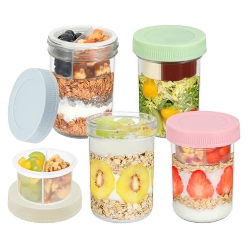 Xyptorix 16 oz Overnight Oats Containers with Airtight Lids - 4-Pack Leak-Proof Wide Mouth Mason Jars & Divided Cups for Dried and Wet Foods, Glass Jars for Chia Pudding, Salad, Snacks, and Yogurt image