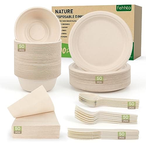 FEHHTO Disposable Paper Plates Set 300PCS Compostable Sugarcane Plates, Bowls, Heavy-duty Utensil, Biodegradable Napkins, Eco-friendly Dinnerware Set for Party Camping 50 People image