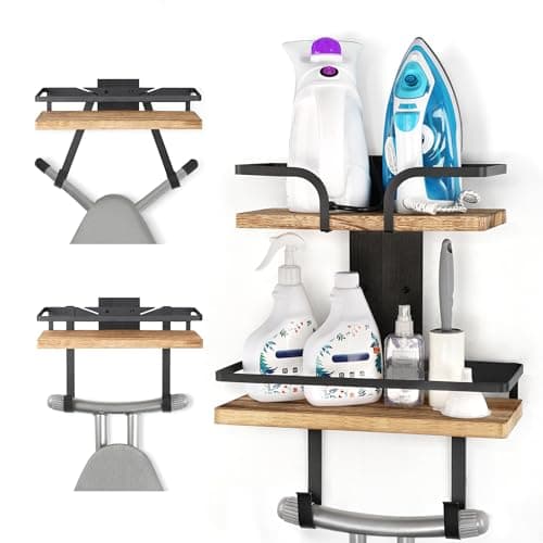 VINAEMO Ironing Board Hanger Wall Mount, 2-Layer Iron and Ironing Board Holder, Laundry Room Shelves Solid Wood with Removable Hooks Home Organization and Storage Carbonized Black image