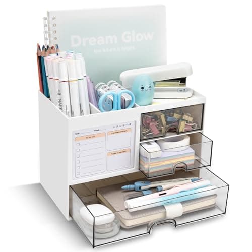 QIYVLOS Desk Organizer with 3 Drawer, Multi-Functional Pencil Pen Holder for Desk, Desk Organizers and Storage with 8 Compartments, Desktop Organizer for Office Home Art Supplies (White) image