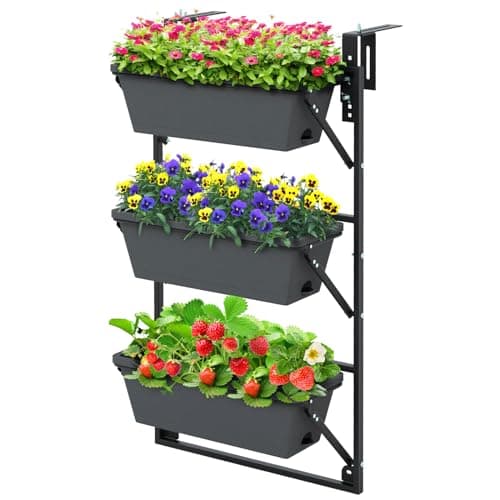 Giantex Vertical Raised Garden Bed, Hanging & Wall-Mounted Planter Garden Boxes, Adjustable Shelf & Detachable Hooks, 3-Tier Railing Raised Beds for Flower Strawberry Vegetable image