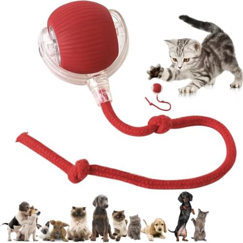 Interactive Electric Automatic Rolling Moving Rechargeable Self Play Stimulation Toy, Smart Pet Chase Ball with Speedy Tail Rope for Bored Indoor Cats enrichment, stimulating Dogs toy Small dogs (Red) image