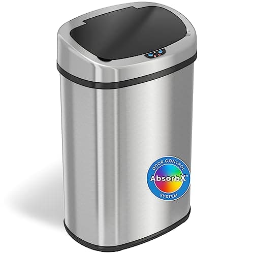 iTouchless SensorCan 13 Gallon Kitchen Trash Can with Odor Filter, Stainless Steel Oval Automatic Trashcan for Home Office Bedroom Living Room Garage Large Capacity Slim Space-Saving Bin image