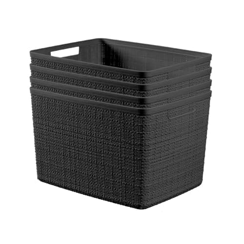 Curver Jute Large Decorative Plastic Organization and Storage Baskets, Perfect Bins for Home Office, Closet Shelves, Kitchen Pantry and All Bedroom Essentials, Pack of 4, Black image