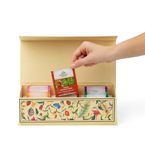 Organic India Tea Sampler Box Variety Pack - Tulsi Herbal Tea Gift Set, Hot Tea Assortment, Holy Basil, Ashwagandha, Turmeric Ginger, Sweet Rose, Original, Sleep, Masala Chai - 60 Tea Bags image