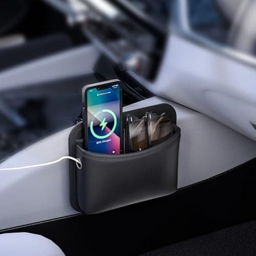 Car Seat Side Pocket Organizer - PU Leather Auto Door Console Mini Storage Bag for Keys, Phone, Sunglasses, Registration, and Documents (Black) image