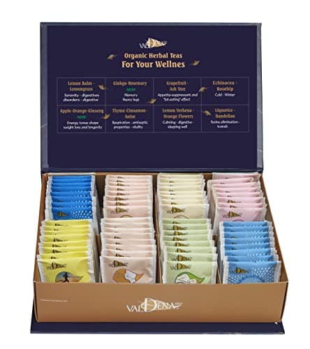 Valdena Bio Organic Herbal Tea Variety Pack, Tea Sampler Gift Set Box, 8 Flavors Assorted Tea, Total of 64 Tea Bags, Caffeine Free Tea Set with Variety of Health Benefits image