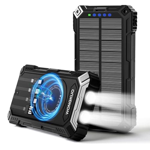WONGKUO Solar Charger Power Bank - 49800mAh Solar Phone Charger with USB-C in/Output, QC 3.0 Fast Charging with LED Flashlight, Portable Power Bank Built-in 4 Cables, IP65 Waterproof Fits for Outdoor image