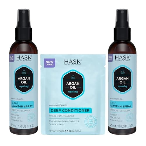 HASK Argan Oil 5-in-1 Leave-In Conditioner Duo (6oz-Qty 2) & Argan Oil Repairing Deep Conditioner Packette, Color Safe, Sulfate-Free, Paraben-Free, Gluten-Free, for All Hair Types image