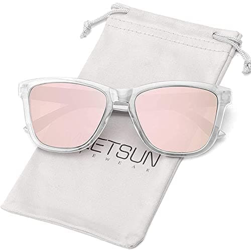 MEETSUN Polarized Sunglasses for Women Men Classic Retro Designer Style (Clear Frame/Pink Mirrored Lens, 54) image