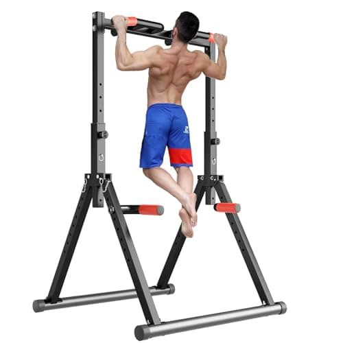 DOBESTS Foldable Power Tower Pull Up Bar Dip Station Adjustable Multifunction Workout Pull Up Tower Station Gym Strength Training Equipment Home Outdoor, Triangular Legs, 700 LBS image