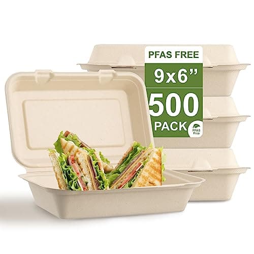 [500 COUNT]Sugarfiber by Harvest Pack PFAS FREE 9 X 6" Compostable Clamshell Food Containers, Heavy-Duty Hinged Container, Disposable Bagasse Eco-Friendly Natural Sugarcane Takeout to go Box image