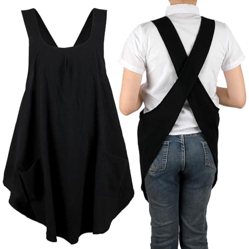 ROLOSI Japanese Cross Back Apron for Women Cotton Linen Pinafore Kitchen Apron with Pockets for Cooking, Baking, Gardening image