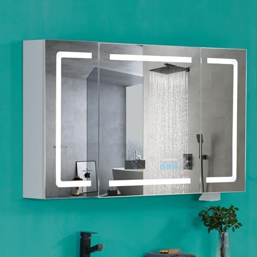 VINGLI LED Lighted Medicine Cabinet with Intelligent Mirror, Bluetooth Speaker, Weather & Temp Display, Dimmable, Anti-Fog, Built-in Outlet & USB, Large 3-Door Bathroom Mirror Cabinet,48 Inch image