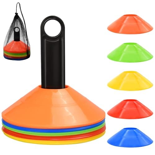 FGBNM 25/50/100/200 Pack Disc Cones, Agility Soccer Cones with Carry Bag and Holder, Soccer Cones for Sports Training, Football, Soccer, Basketball, Coaching, Practice Equipment, 5 Color (25 Pack) image