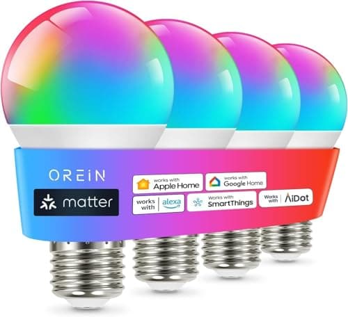 OREiN Matter Smart Light Bulb, Smart Light Bulbs Work with Apple Home, Alexa, Google Home, SmartThings, A19 Color Changing Light Bulbs 2.4Ghz WiFi, 800 Lumens Equivalent 60W 4Pack image