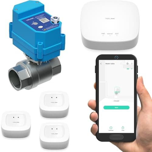YoLink LoRa Smart Water Leak Protection System, Including 3/4" Commercial Grade Smart Motorized Stainless Steel Valve, (3) Water Leak Sensors, Hub: Up to 1/4-Mile Range, IFTTT, Alexa, Home Assistant image
