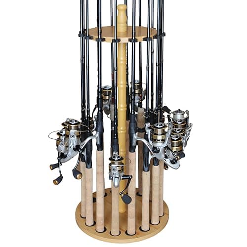 Rush Creek Creations Round 16 Fishing Rod Storage Rack - Features Traditional Handcrafted Wood Post - No Tool Assembly, Wood Grain Laminate image