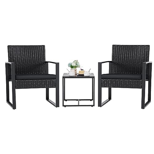 Flamaker 3 Pieces Patio Set Outdoor Wicker Furniture Sets Modern Rattan Chair Conversation Sets with Coffee Table for Yard and Bistro (Black) image