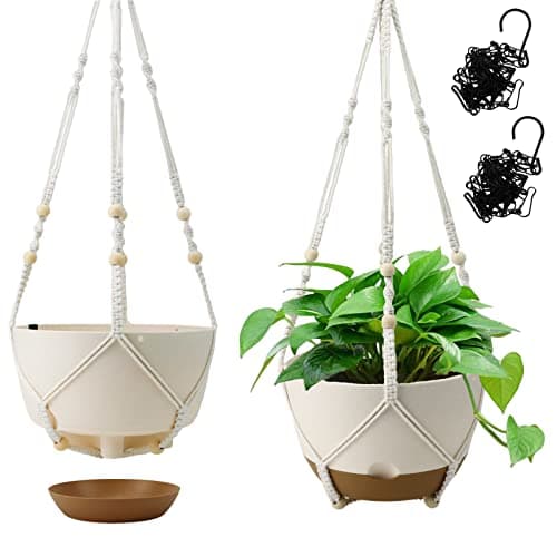 Koalaime Hanging Planter Self Watering 10 Inch, 2 Pack Indoor Outdoor Hanging Baskets, Hanging Flower Pots with Drainage Hole & 2 Kinds of Plant Hangers for Garden Home Decor(Cream) image