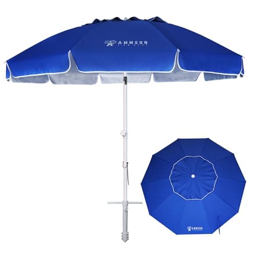 AMMSUN 8 Feet Large Beach Umbrella with Sand Anchor Heavy Duty High Wind Portable Outdoor Umbrellas UPF 50+ Protection Air Vent Tilt Patio Garden Pool Blue image