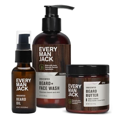 Every Man Jack Unscented Beard Bundle - Fragrance Free for Sensitive Skin - Contains (1) each of Beard & Face Wash, Beard Butter, and Beard Oil image