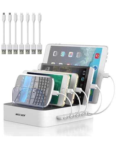 MSTJRY Charging Station for Multiple Devices: 5 Port Multi USB-A Charger Stations Multi-Device Organizer Charging Dock Designed for iPhone iPad Cell Phone Tablets (7 Short Cables Included) image