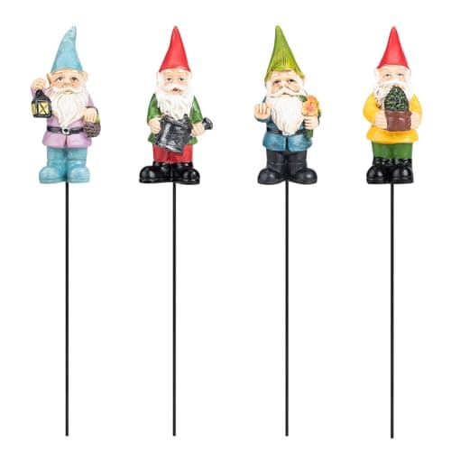 Chonsun Gnomes Garden Stakes 1.4 Inch Plant Decorations for Pots Indoor Outdoor 4 Pack Miniature Gnomes Decorations for Yard Mini Gnome image