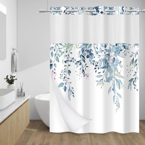 WITHLOC No Hook Shower Curtain with Snap in Liner - Eucalyptus Shower Curtain - Fabric Waterproof Inner Liner, Plants Blue Leaves Modern Shower Curtains - Machine Washable, 71 x 74 image