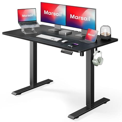 Marsail Electric Standing Desk Adjustable Height, 48 x 24 Inch Sit Stand up Desk for Home Office Furniture Computer Desk with 3 Memory Presets, Headphone Hook, Black image