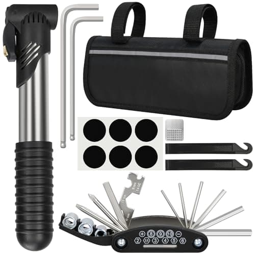 Bike Repair Kit, Bicycle Repair Bag With Tire Pump, Bike Tool Kit for Camping Cycling, 16-in-1 Bike Multitool, Bicycle Tire Repair Kit, 4mm and 5mm Allen Wrenches, Used for Mountain Bike and Road Bike image