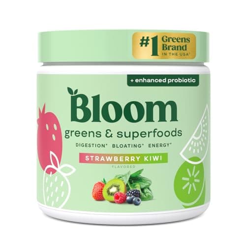 Bloom Nutrition Greens and Superfoods Powder for Digestive Health, Greens Powder, Digestive Enzymes, Probiotics, Spirulina, Chlorella for Bloating & Gut Support, Green Juice, 30 SVG, Strawberry Kiwi image