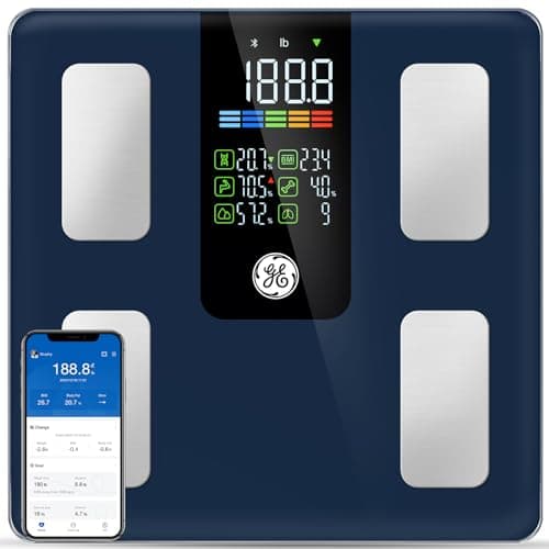 GE Scale for Body Weight Smart: Digital Bathroom Body Fat Scales for BMI Muscle Bluetooth Smart Weight Monitor 11.8" Large Platform Accurate Weighing Machine Health Analyzer with App 500lbs Black image