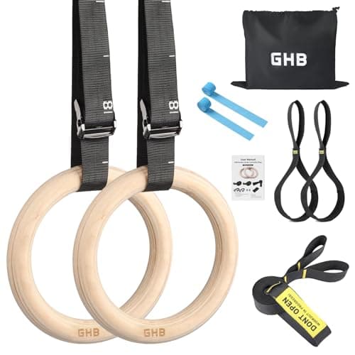 GHB Gymnastic Rings Wooden Gym Rings 1.25" Olympic Rings Adjustable Straps Pull Up Rings Sets for Workout Bodyweight Fitness Training image