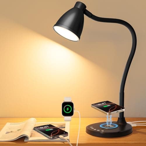 BOHON Desk Lamp for Home Office, LED Desk Light with USB C+A Charging Ports, Wireless Charger, 5 Colors Stepless Dimming Reading Light Timer, Touch Bedside Table Lamp for College Dorm Room Black image