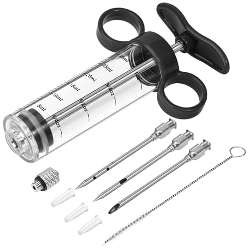 Kingsmile Meat Injector Syringe, Marinade Injector with 3 Needles for BBQ Grill, 1OZ /30ML Turkey Injector Syringe, Handle Meat Injector for Smoking, Flavor Injector for Meat with Cleaning Brush Black image