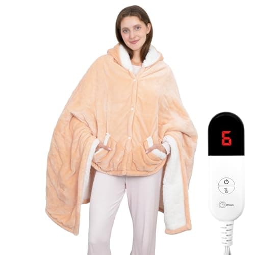 Wearable Heated Throw Blanket, Electric Heated Wrap Poncho Shawl & Hoodies with Pockets, 7 Heating Levels & 4 Hours Time Settings, Machine Washable with ETL Certification 40" x 70", Beige image