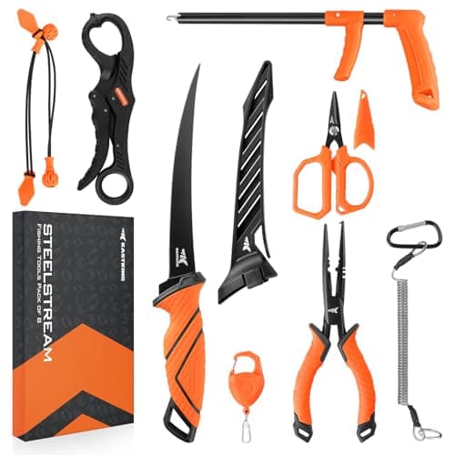 KastKing SteelStream 8pc Fishing Tool Kit - Fishing Pliers with Lanyard, Fillet Knife, Floating Fish Lip Gripper, Fishing Braid Scissors, Tool Retractor, Fishing Hook Remover, Bungee Cords image