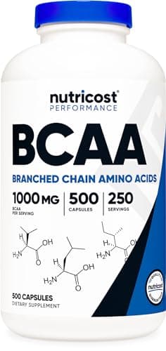 Nutricost BCAA 1000mg, 500 Capsules (250 Serv), 2:1:1 Branched Chain Amino Acids (500mg of L-Leucine, 250mg of L-Isoleucine and L-Valine) image