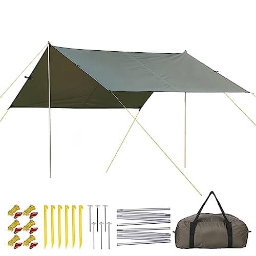 MAROUTE 10X9FT Tent Tarp with 2 Aluminum Poles, Waterproof&Lightweight Camping Tarp Sun Shelter，Muitifunctional Hammock in Camping,Hiking,Backpacking,Garden，Beach and Traveling (10 * 9FT) image