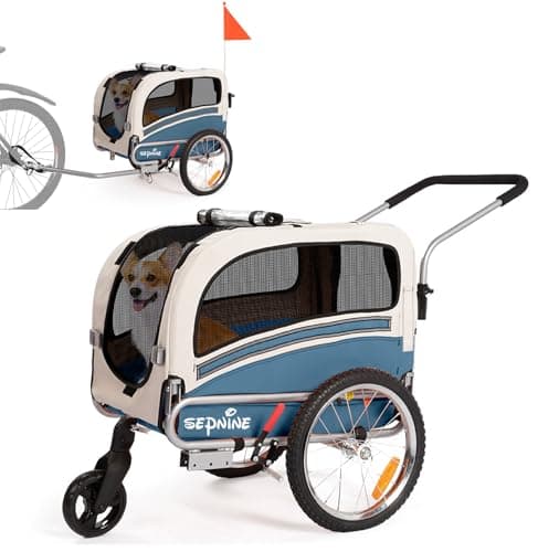 Sepnine 2 in 1 Pet Bicycle Trailer with a 6" Stroller Wheel Suitable for Small and Medium Dogs, Carrier Up to 66/88 LBS, Easy Folding Cart Frame, Quick Release Wheel, Universal Bicycle Coupler image