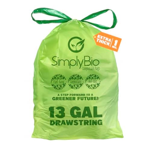 Simply Bio 13 Gallon Compostable Trash Bags Liners Drawstring, Heavy Duty Extra Thick 1 Mil, 30 Bags image