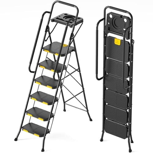 KINGRACK 6 Step Ladder with Tool Platform, Folding Step Stool with Handrails, Sturdy Steel Ladder with Wide Pedal, 800 LBS Portable Safety Ladder for Painting Home Outdoor Garage image