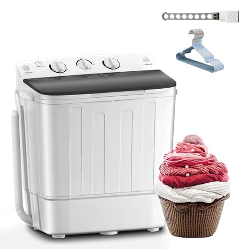 Erivess Portable Twin Tub 18lbs Washing Machine with Drying Rack and 10 Hangers, 11lbs Washer Mini Compact Laundry Machine with 7lbs Spinner, Semi-automatic Washer Combo for Dorms, Apartment image