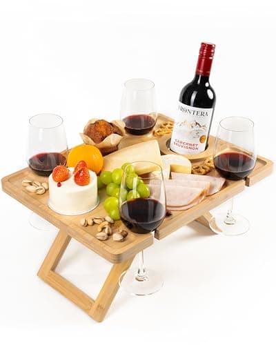Portable Wine Picnic Table, Outdoor Portable Wine Table, Charcuterie Board with Wine Glass Holder - Includes Picnic Mat & Carry Bag image