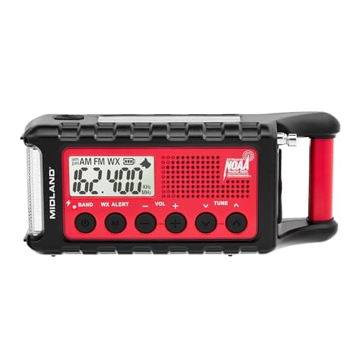 Midland - ER310, Emergency Crank Weather AM/FM Radio - Multiple Power Sources, SOS Emergency Flashlight, Ultrasonic Dog Whistle, & NOAA Weather Scan + Alert (Red/Black) image