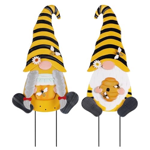 hogardeck Metal Gnome Decorative Garden Stakes, 2 Pcs Outdoor Garden Decor with Honeybee Ornament Spring Decorations Yard Art Stakes for Indoor Outdoor Patio Lawn (Yellow & Orange) image