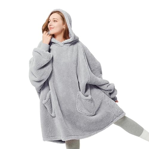 Bedsure Wearable Blanket Hoodie Gifts for Women - Cozy Sherpa Hoodie Blanket for Adult Men, Warm Hooded Blanket Sweatshirt, Grey image